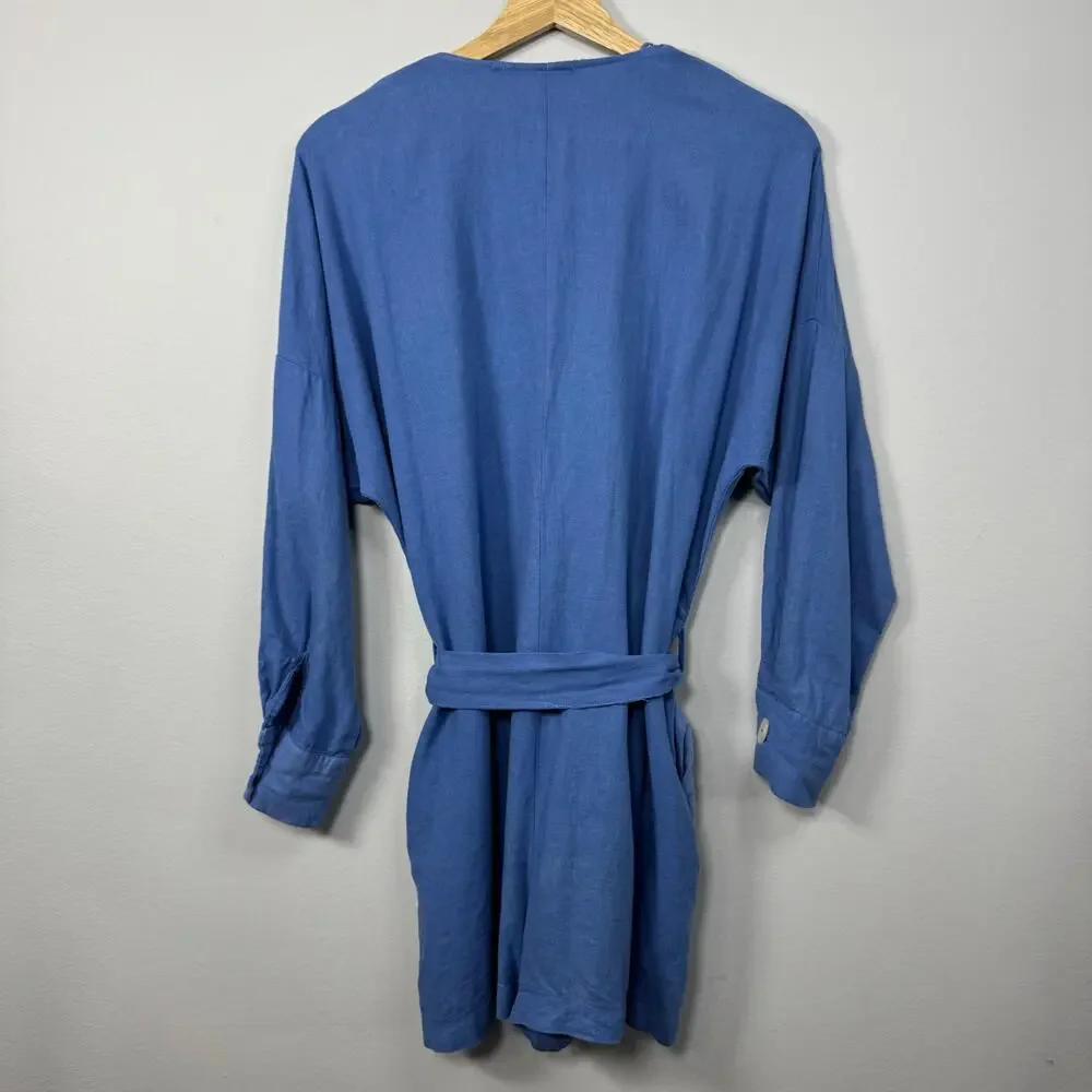 Zara Women's Blue Romper XS Linen V-Neck Jumpsuit Vacation Resort
